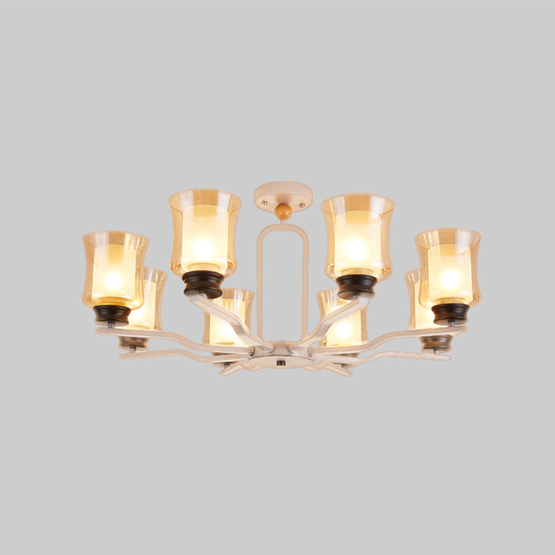 Modernist Semi Flush Mount Ceiling Lamp - Cup Tan Glass 8 Bulbs Radial Design White/Grey/Green