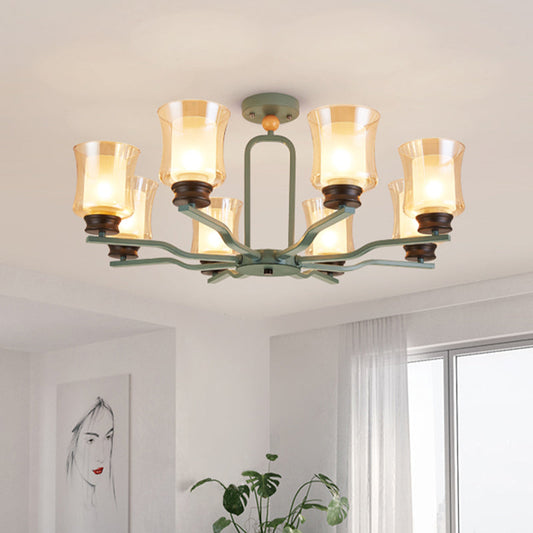 Modern Semi Flush Mount Cup Tan Glass Ceiling Lamp with 8 Bulbs in White/Grey/Green