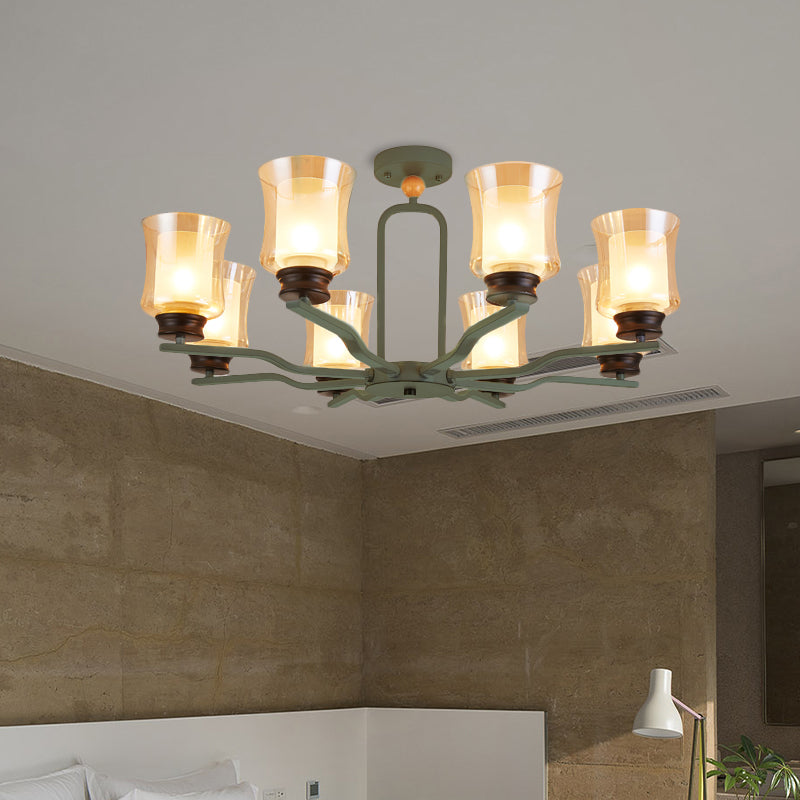 Modern Semi Flush Mount Cup Tan Glass Ceiling Lamp with 8 Bulbs in White/Grey/Green