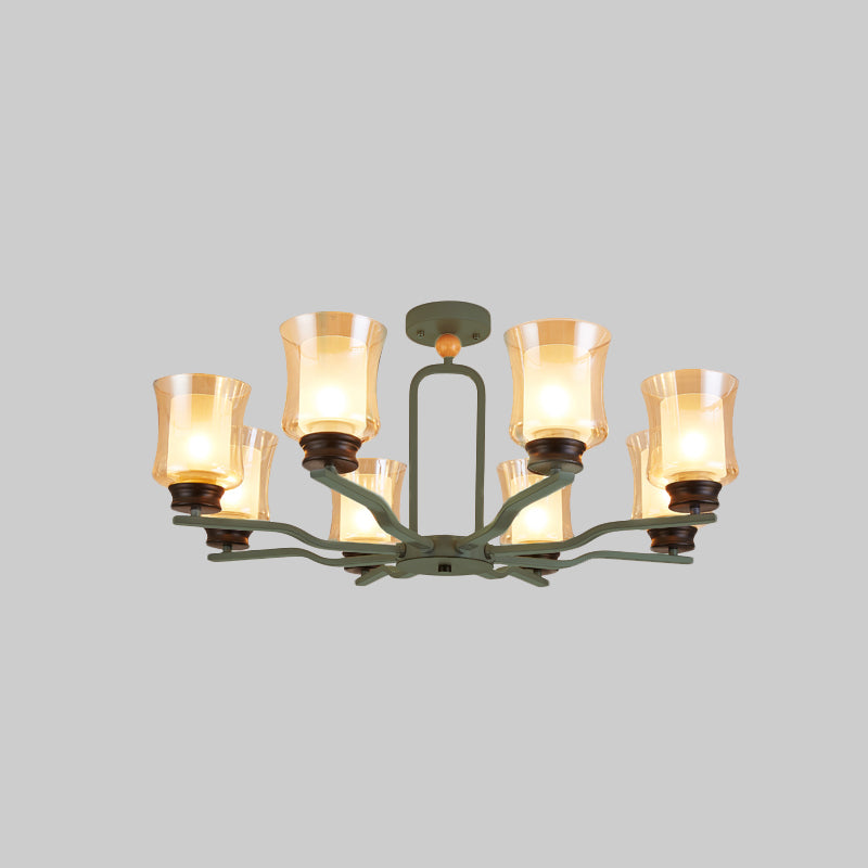 Modern Semi Flush Mount Cup Tan Glass Ceiling Lamp with 8 Bulbs in White/Grey/Green