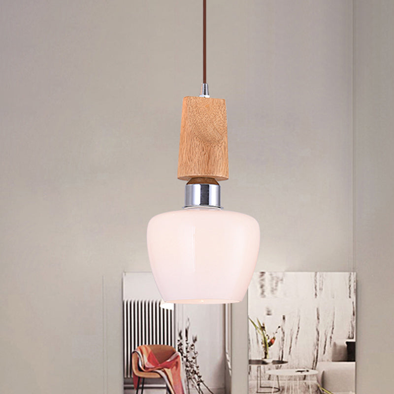 Vintage 1-Light Chrome Tulip Pendant with Frosted White Glass and Wood Top - Elegant Hanging Lighting