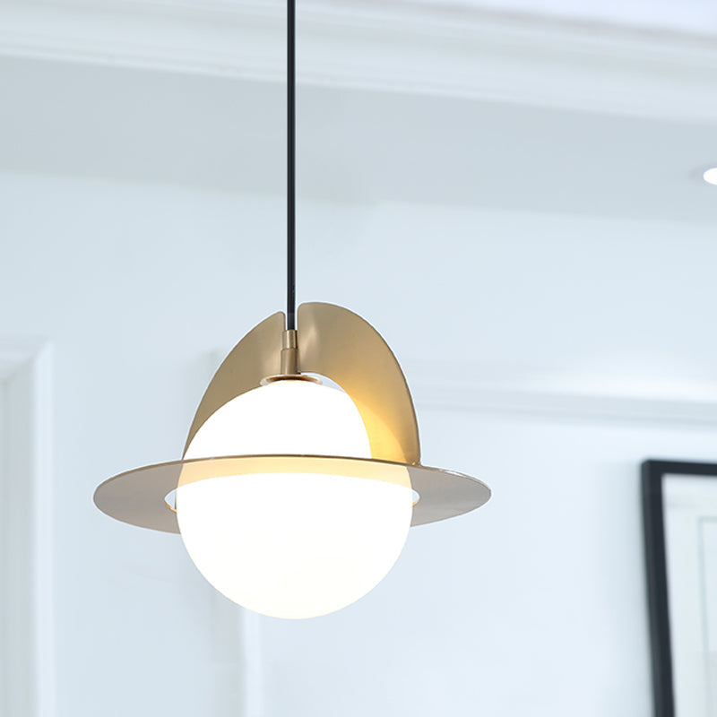 Cream Glass Sphere Pendant Lamp With Gold Panel Detail - Post Modern Design