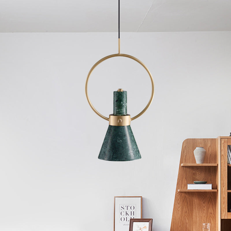 Nordic Green Marble Flared Pendant Light With Gold Ring - 1 Bulb Hanging Ceiling Lamp
