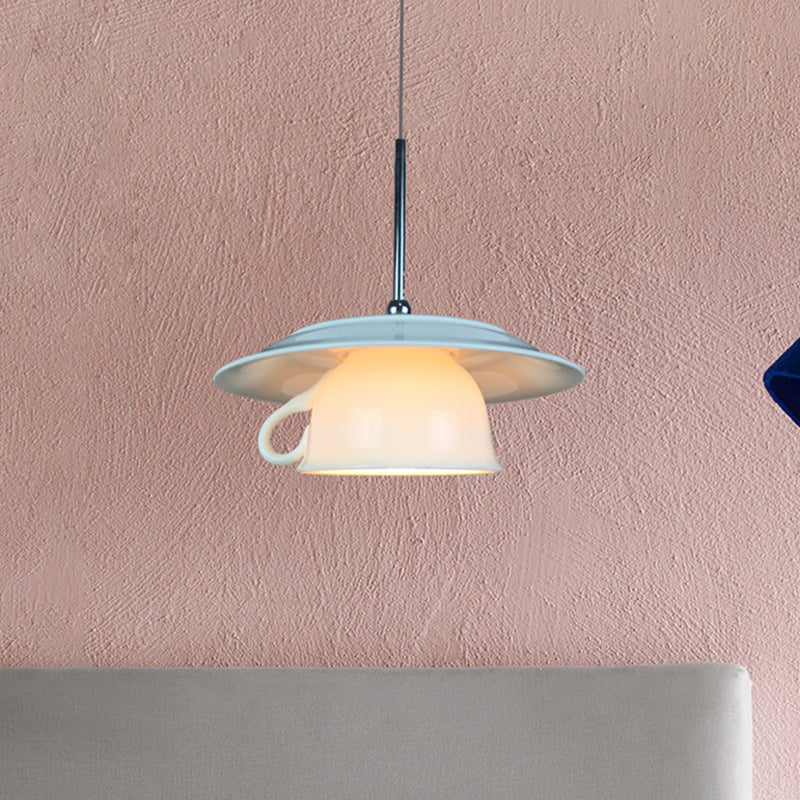Nordic Style 1-Head Hanging Light Kit: Ceramic Coffee Cup Pendant Lamp With Green Plate White