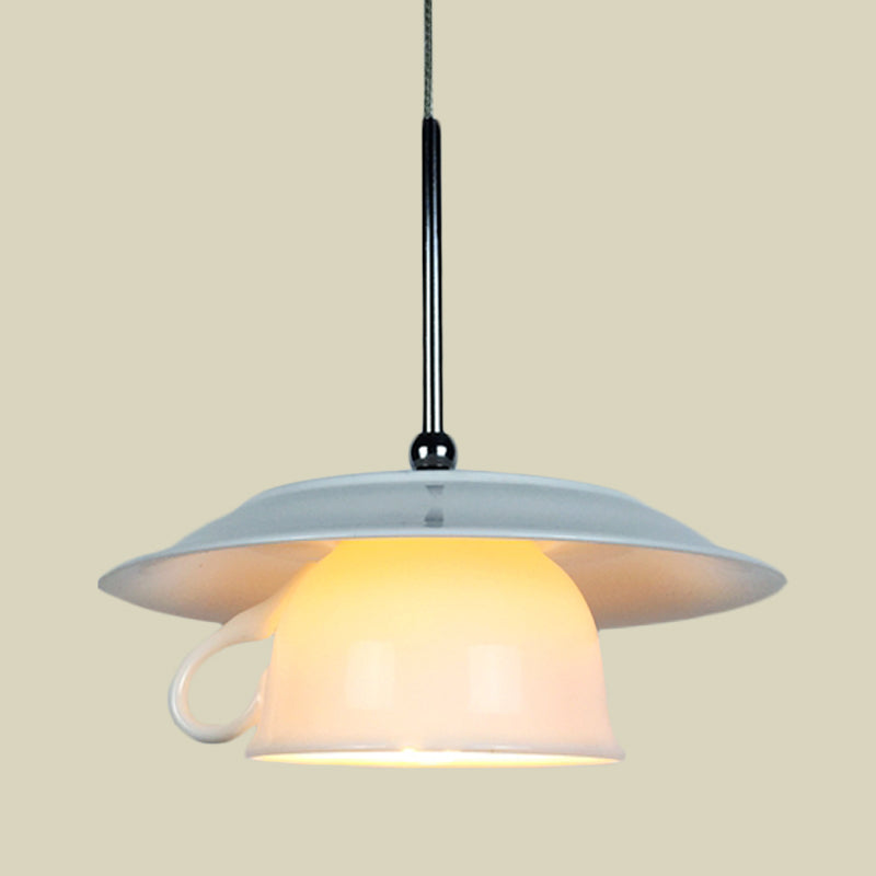 Nordic Style 1-Head Hanging Light Kit: Ceramic Coffee Cup Pendant Lamp With Green Plate