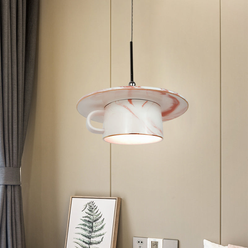 Plafonnier suspendu en forme de tasse à café rose nordique - Lampe à suspension LED élégante à 1 ampoule pour restaurants