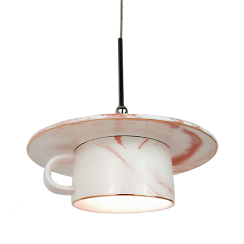 Plafonnier suspendu en forme de tasse à café rose nordique - Lampe à suspension LED élégante à 1 ampoule pour restaurants