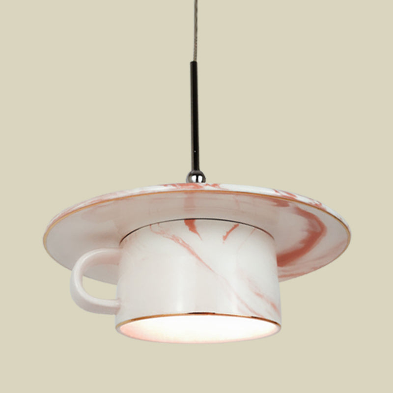 Plafonnier suspendu en forme de tasse à café rose nordique - Lampe à suspension LED élégante à 1 ampoule pour restaurants