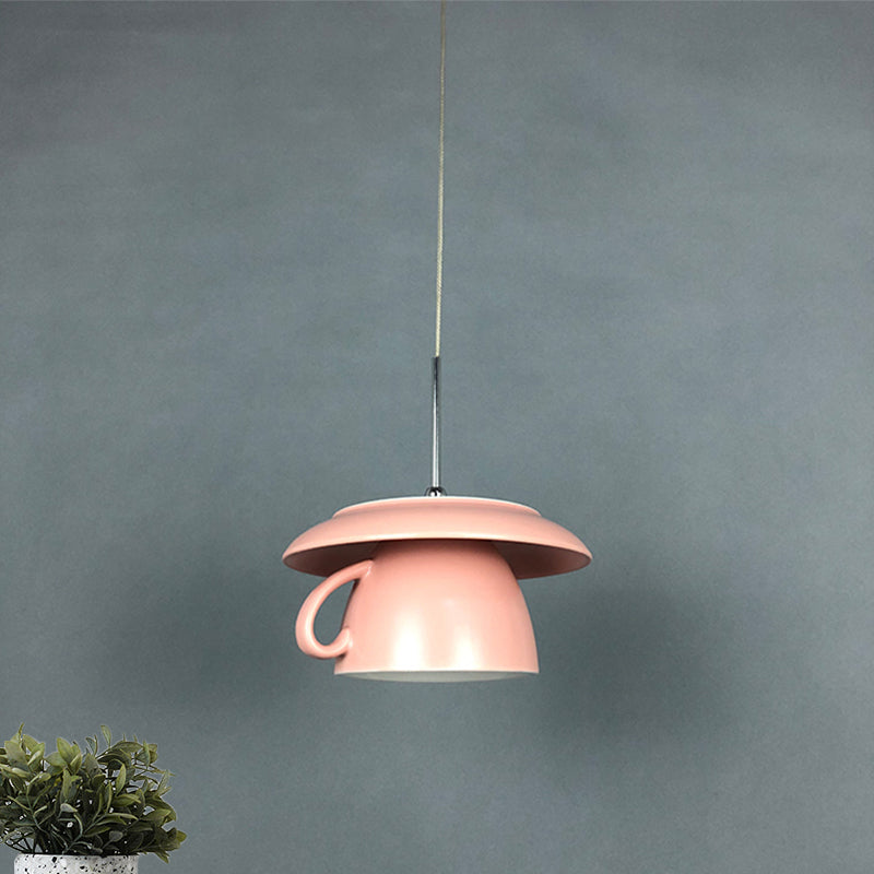 Macaron Pink/Grey/Green LED Pendant Lamp with Coffee Cup Ceramics Shade - Perfect for Restaurants - 1-Light Hanging Lighting