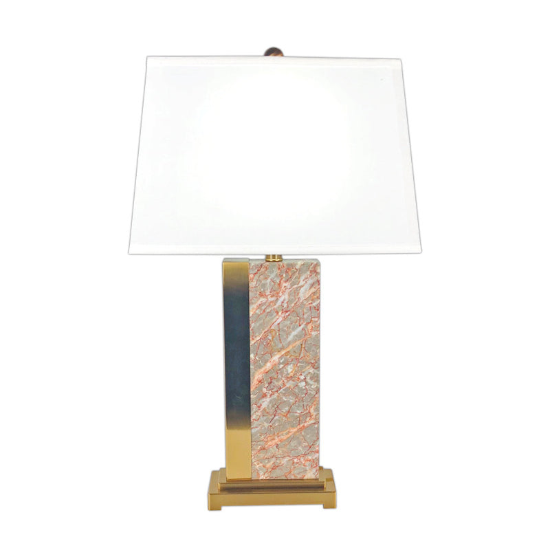 Contemporary Trapezoid Fabric Table Light - 1-Bulb White Night Lamp With Red Marble Base