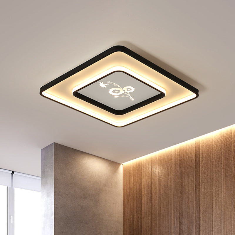 Modern Acrylic LED Ceiling Light Fixture in Black, Square/Rectangular Flush Mount, White/Warm Light, 16"/19.5"/35.5" Length