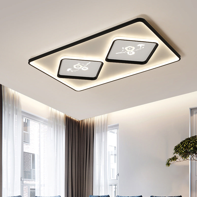 Modern Acrylic LED Ceiling Light Fixture in Black, Square/Rectangular Flush Mount, White/Warm Light, 16"/19.5"/35.5" Length