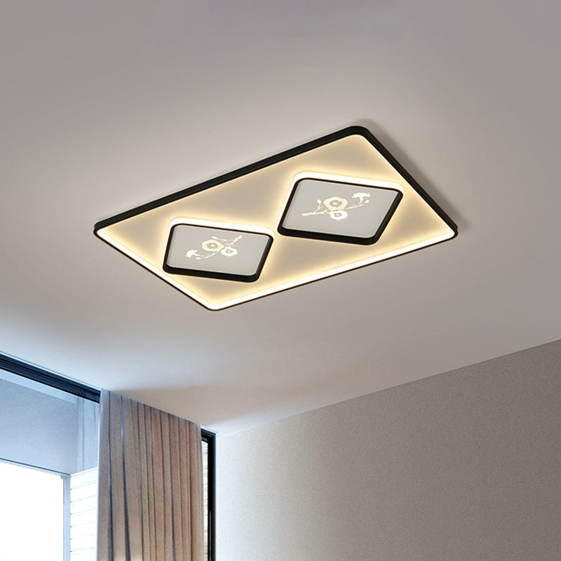 Modern Acrylic LED Ceiling Light Fixture in Black, Square/Rectangular Flush Mount, White/Warm Light, 16"/19.5"/35.5" Length