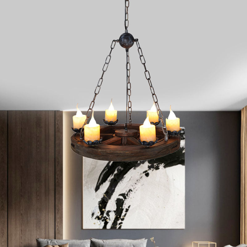 Marina - Lustre en marbre : élégant pendentif à 6 têtes avec design de roue en bois