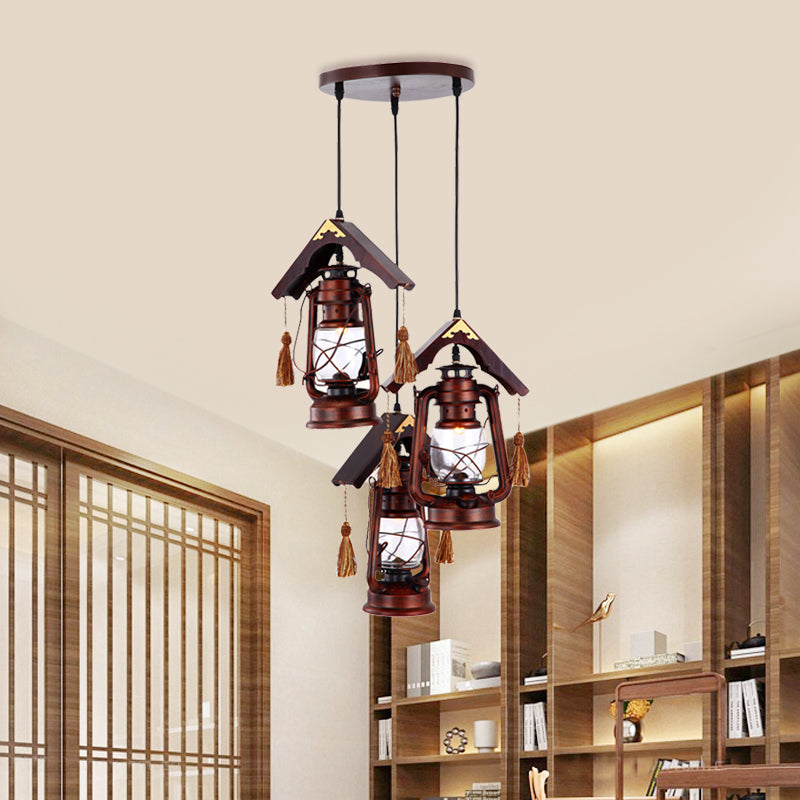 Suspension vintage en cuivre au kérosène avec verre transparent et décoration en bois - Lot de 3 plafonniers