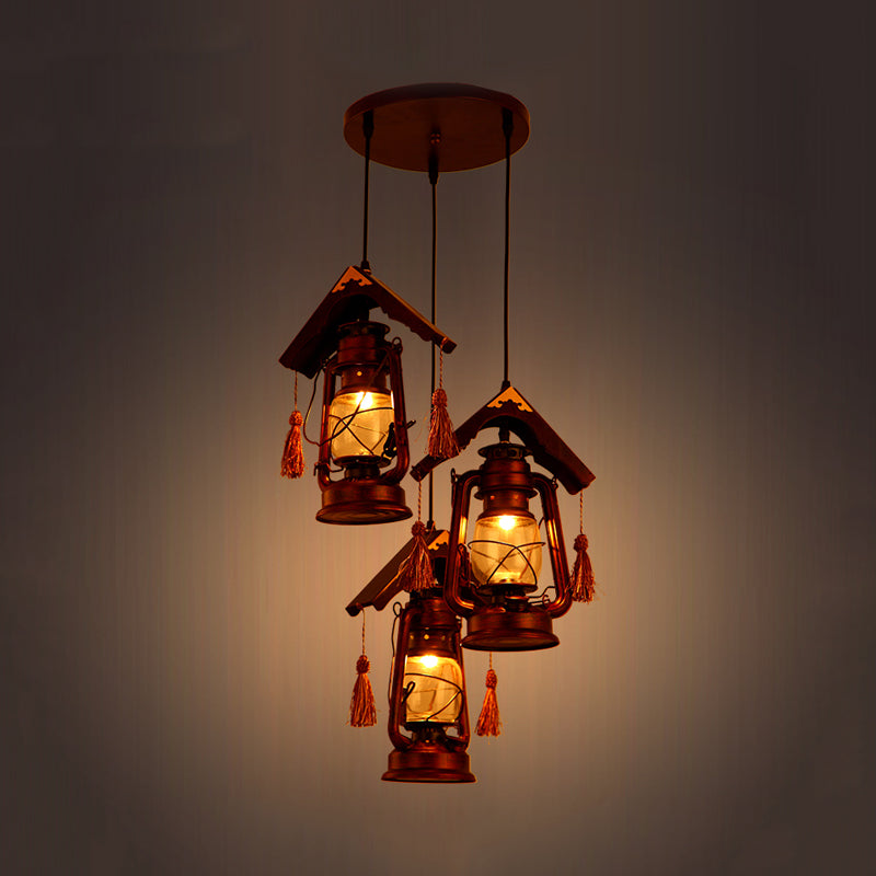 Suspension vintage en cuivre au kérosène avec verre transparent et décoration en bois - Lot de 3 plafonniers