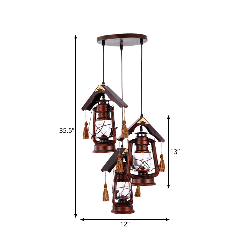 Suspension vintage en cuivre au kérosène avec verre transparent et décoration en bois - Lot de 3 plafonniers