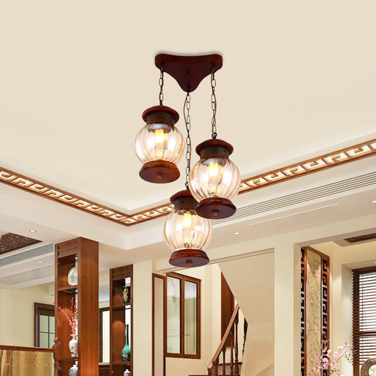 Suspension en cuivre avec abat-jour en verre beige - Design de groupe de lanternes d'usine