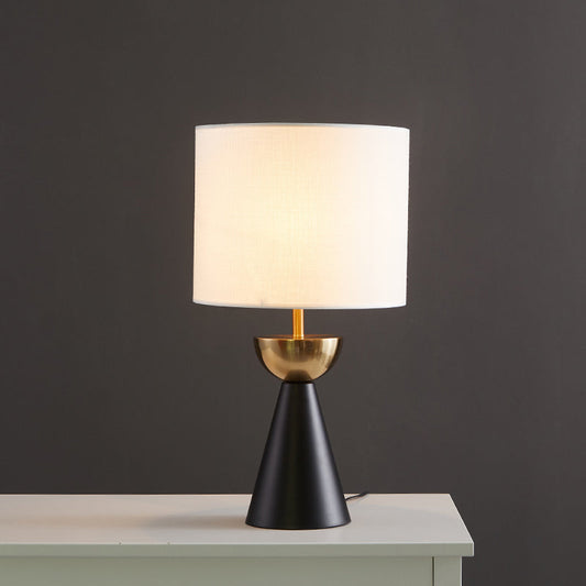 Modern White/Flaxen Cylinder Nightstand Lamp With Black Cone Base White