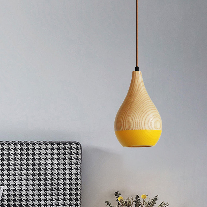 Modern LED Pendant Lamp - Red/Yellow Teardrop Wood Shade - 1-Light Dining Room Hanging Light