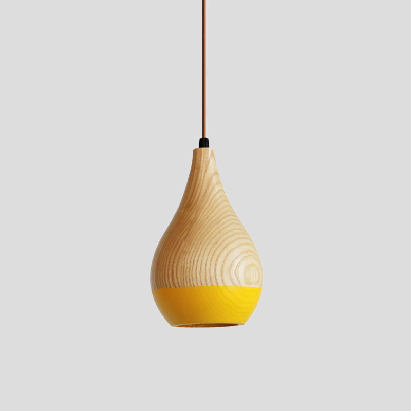 Modern LED Pendant Lamp - Red/Yellow Teardrop Wood Shade - 1-Light Dining Room Hanging Light