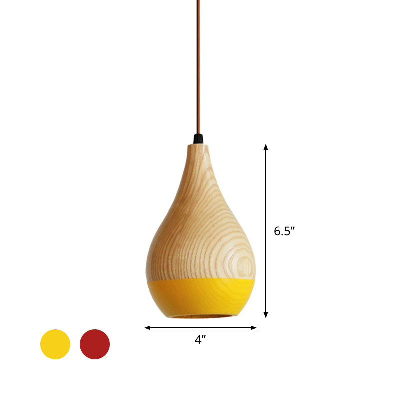 Modern LED Pendant Lamp - Red/Yellow Teardrop Wood Shade - 1-Light Dining Room Hanging Light