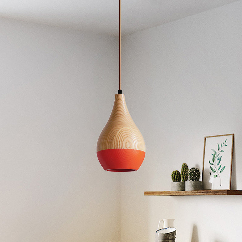 Modern Red/Yellow Led Pendant Lamp: 1-Light Dining Room Hanging Light With Teardrop Wood Shade