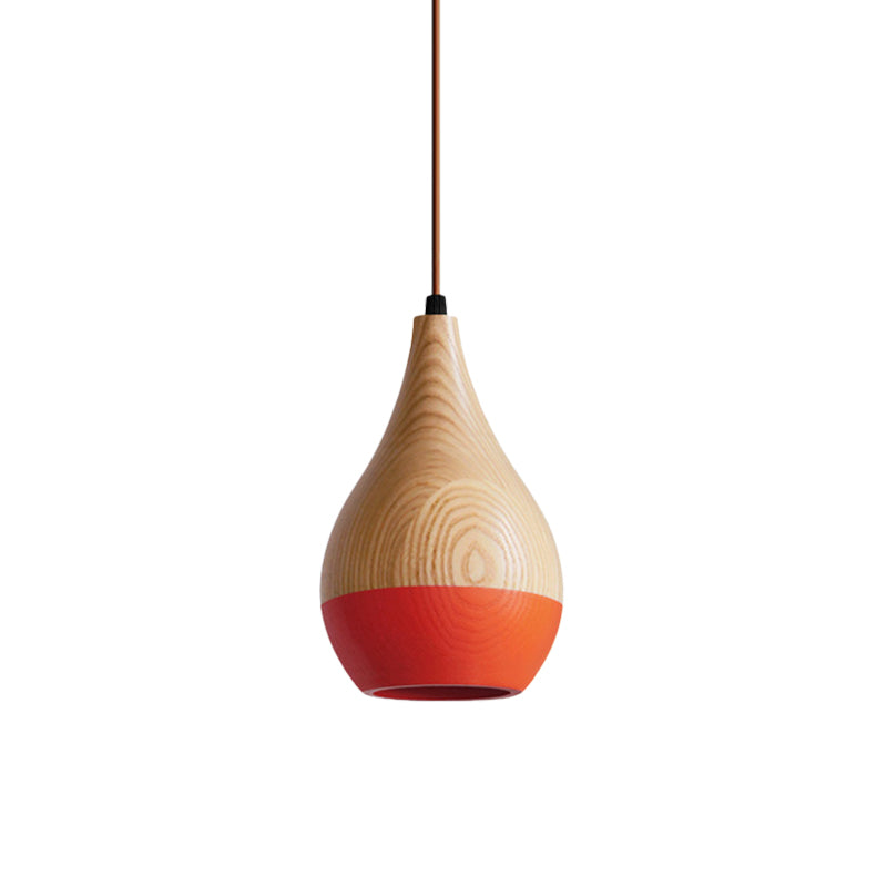 Modern LED Pendant Lamp - Red/Yellow Teardrop Wood Shade - 1-Light Dining Room Hanging Light