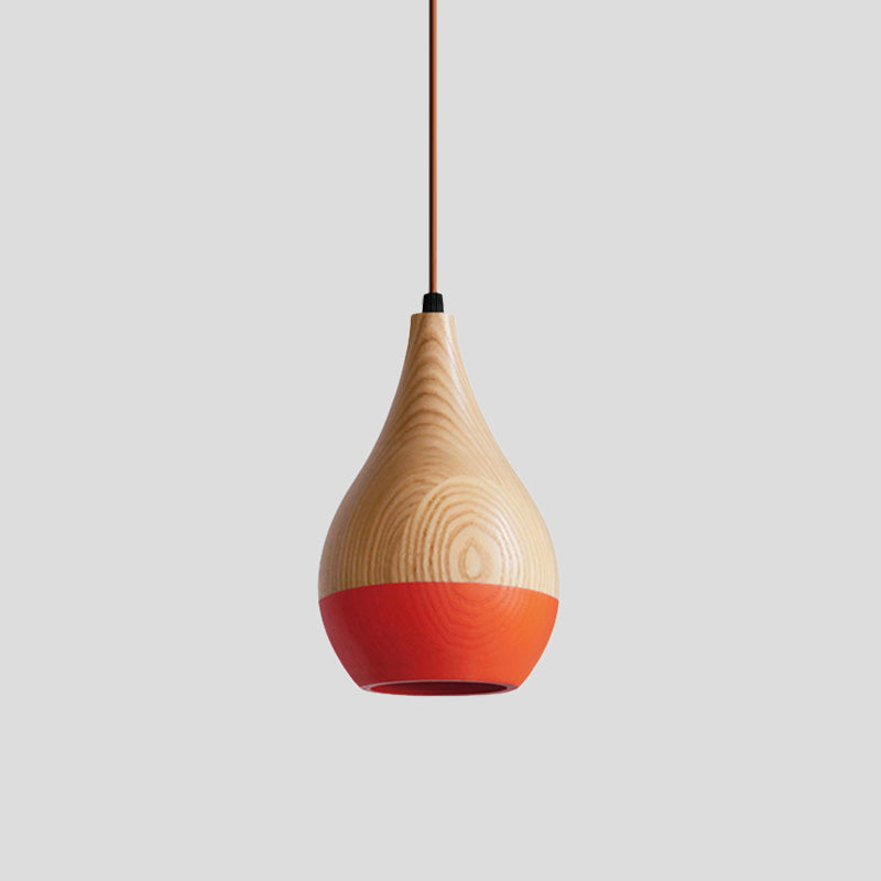 Modern Red/Yellow Led Pendant Lamp: 1-Light Dining Room Hanging Light With Teardrop Wood Shade