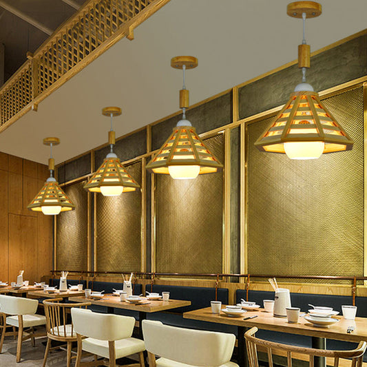 Modern Wood Pendant Lamp with 1 Light for Dining Room in Beige Color