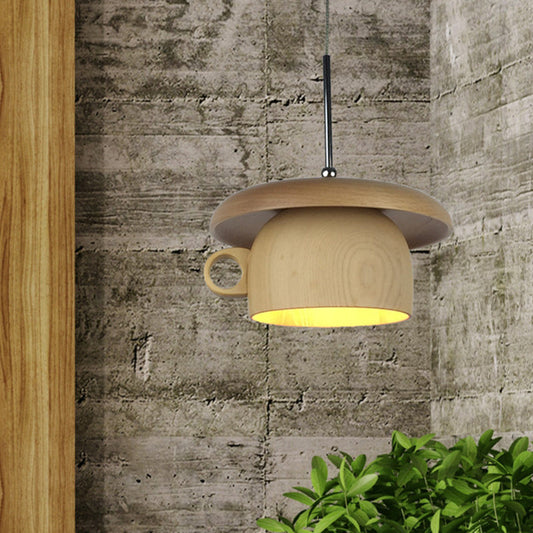Modern Wood Coffee-Cup Pendant Light with LED Bulb - Beige Ceiling Hang Fixture