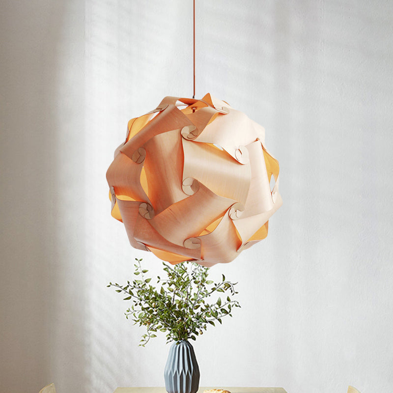 Contemporary Wood Veneer Pendant Light - Stylish 1 Bulb Hanging Lamp Kit For Dining Room