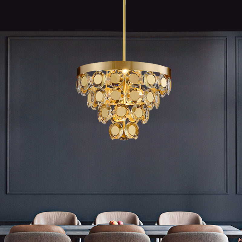 Modern Crystal Cone Chandelier Pendant Light with 5 Bulbs - Brass Finish, Perfect for Restaurants