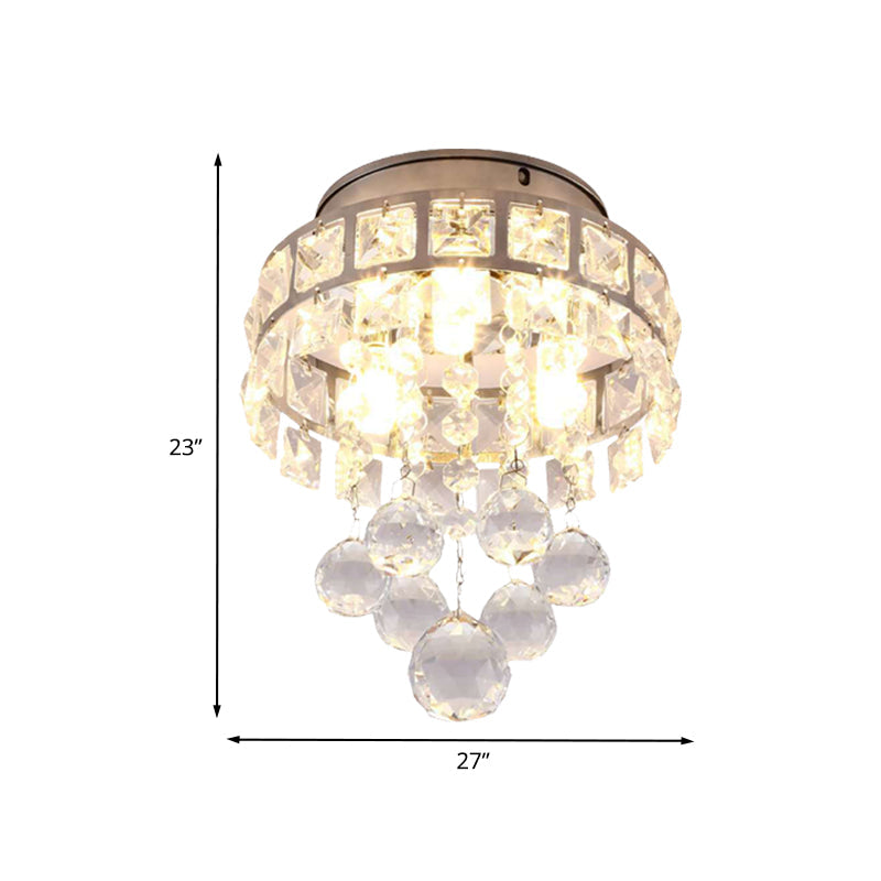 Modern Silver 3-Light Flush Mount Lamp with Clear Crystal Ball - Stylish Ceiling Lighting