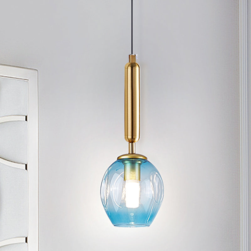 Modernist Pendant Lamp Fixture - Tulip Bedside Hanging Lighting in Blue/Smoke Gray Dimpled Glass, Black/Gold