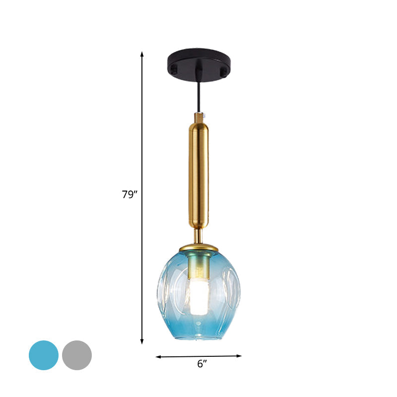 Modernist Pendant Lamp Fixture - Tulip Bedside Hanging Lighting in Blue/Smoke Gray Dimpled Glass, Black/Gold