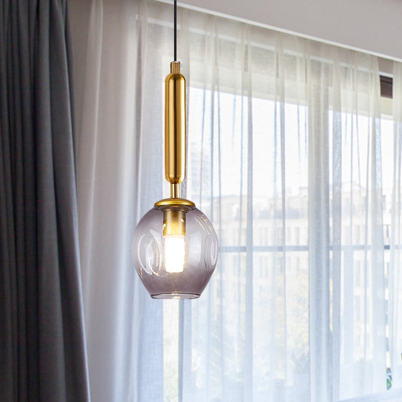 Modernist Pendant Lamp Fixture - Tulip Bedside Hanging Lighting in Blue/Smoke Gray Dimpled Glass, Black/Gold