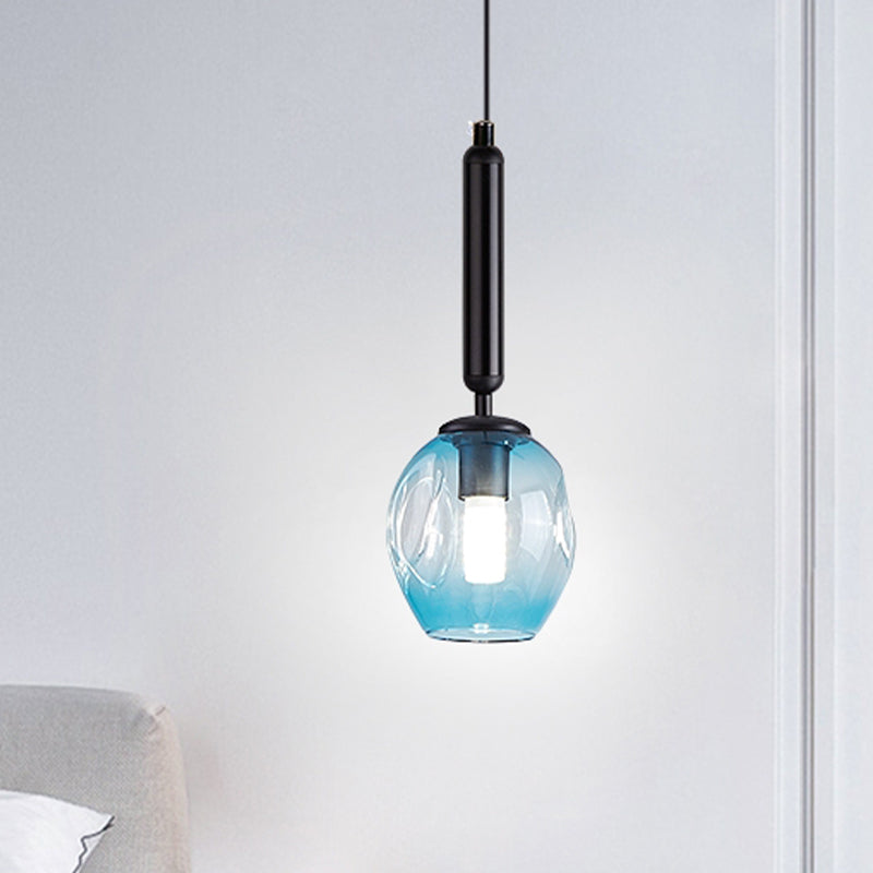 Modernist Pendant Lamp Fixture - Tulip Bedside Hanging Lighting in Blue/Smoke Gray Dimpled Glass, Black/Gold