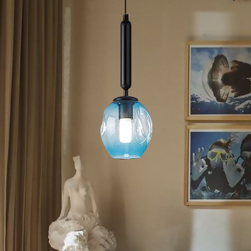 Modernist Pendant Lamp Fixture With Blue/Smoke Gray Dimpled Glass For Tulip Bedside Hanging Lighting