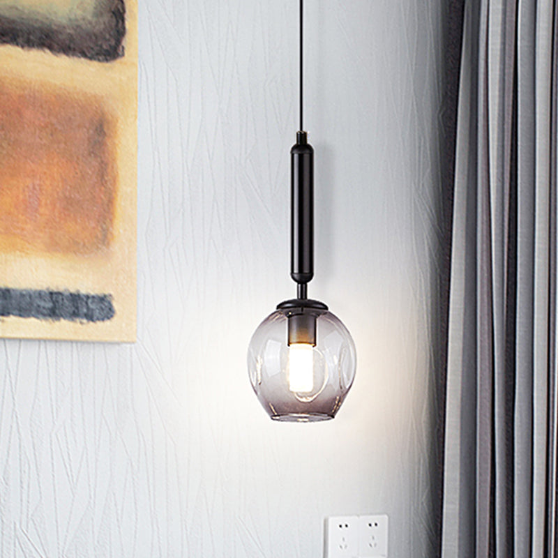 Modernist Pendant Lamp Fixture - Tulip Bedside Hanging Lighting in Blue/Smoke Gray Dimpled Glass, Black/Gold
