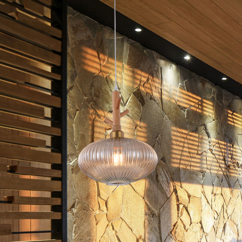 Modern Amber Glass Prismatic Pendant Lamp With Wooden Branch Cap - 1 Bulb Suspension