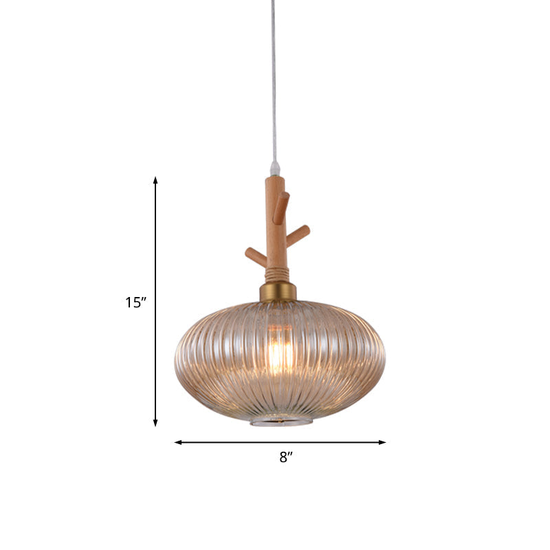 Modern Amber Glass Oval Pendant Lamp with Prismatic Design and Wooden Branch Cap