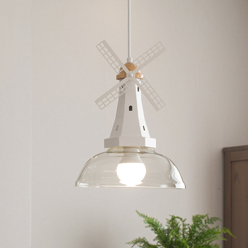 Plafonnier moderne en forme de moulin à vent avec abat-jour en verre transparent en finition blanche/noire