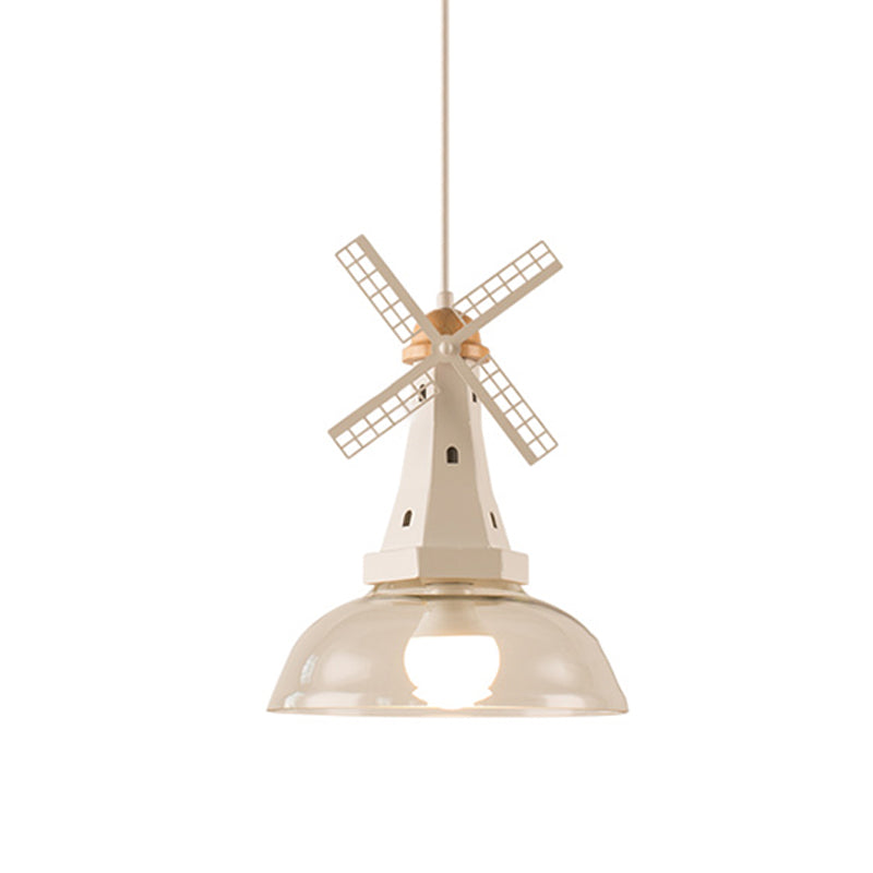 Designer Iron Hanging Lamp With Clear Glass Shade - Windmill Ceiling Lighting 1 Head White/Black