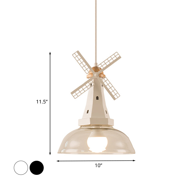 Plafonnier moderne en forme de moulin à vent avec abat-jour en verre transparent en finition blanche/noire