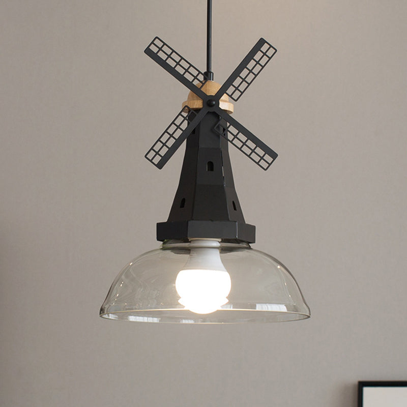 Designer Iron Hanging Lamp With Clear Glass Shade - Windmill Ceiling Lighting 1 Head White/Black
