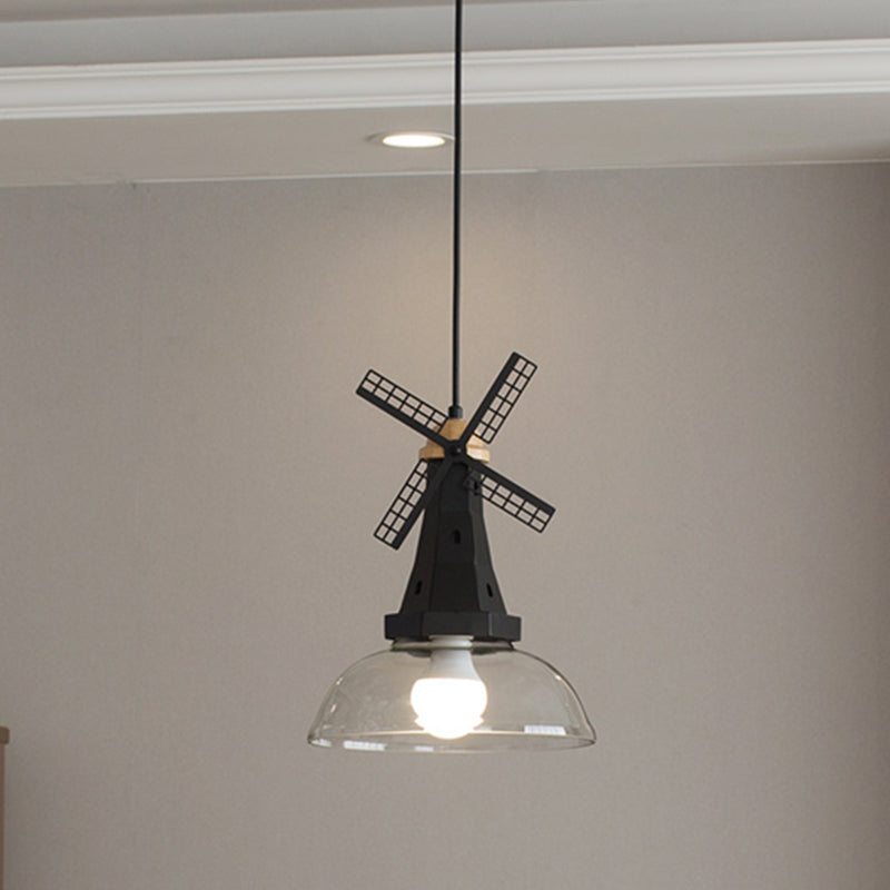 Plafonnier moderne en forme de moulin à vent avec abat-jour en verre transparent en finition blanche/noire