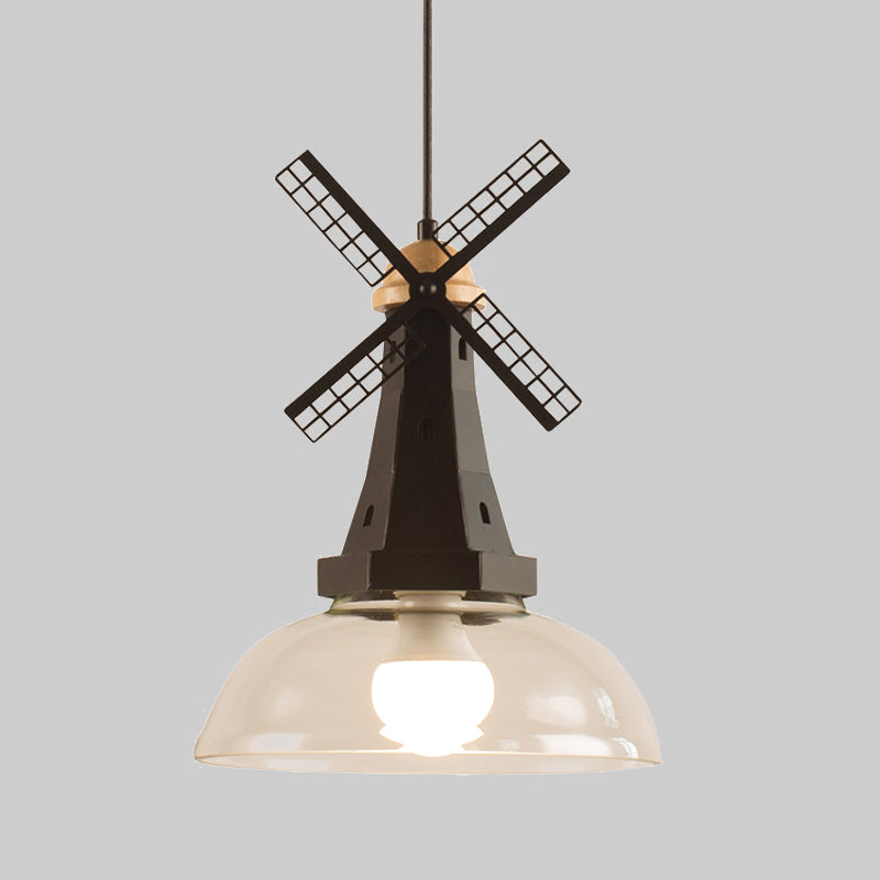 Plafonnier moderne en forme de moulin à vent avec abat-jour en verre transparent en finition blanche/noire
