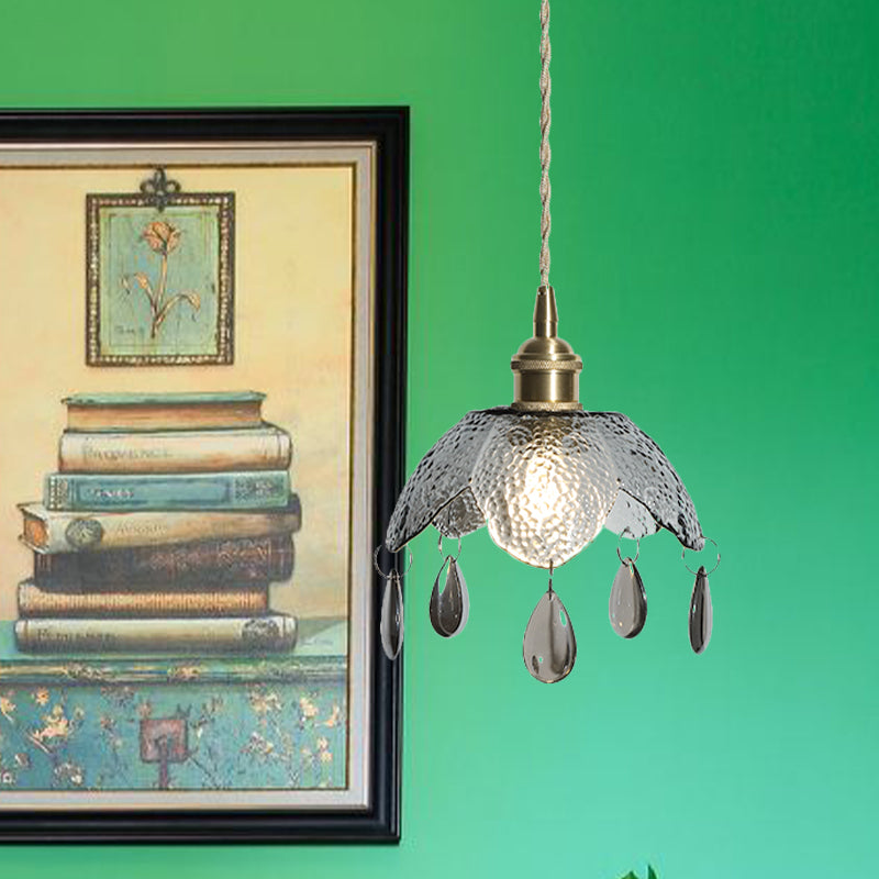 Vintage Brass Scalloped Bowl Pendant Lamp - 1 Bulb Clear/Smoke Gray Water Glass Suspended Lighting