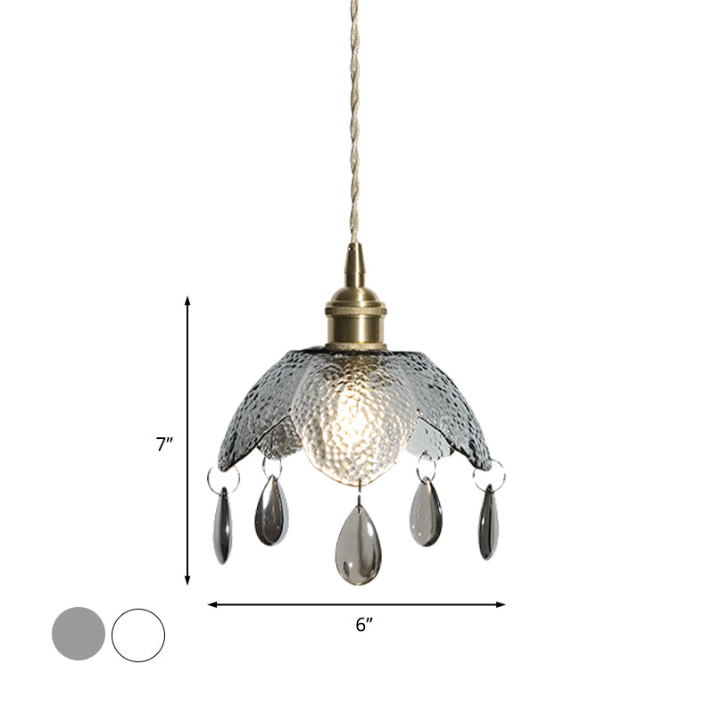 Vintage Brass Scalloped Bowl Pendant Lamp - Clear/Smoke Gray Water Glass 1 Bulb Hanging Lighting